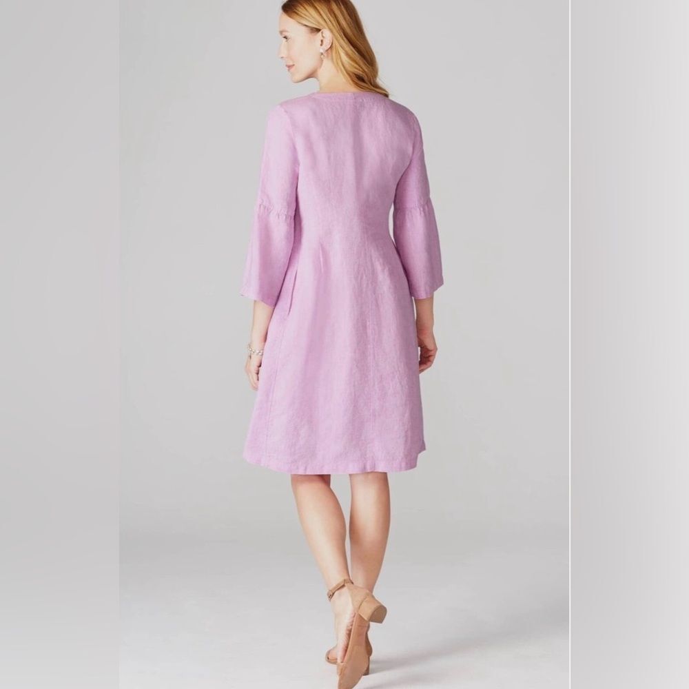 J. Jill Love Linen Blue Dress Bell Sleeves Deep Slid Front sz L Natural Coastal - Picture 4 of 11